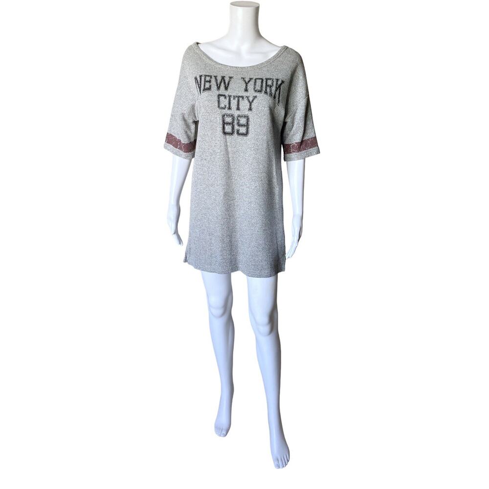 Reserved NYC 89 Graphic T Shirt Dress Womens Small Gray Short Sleeve Mini Tunic